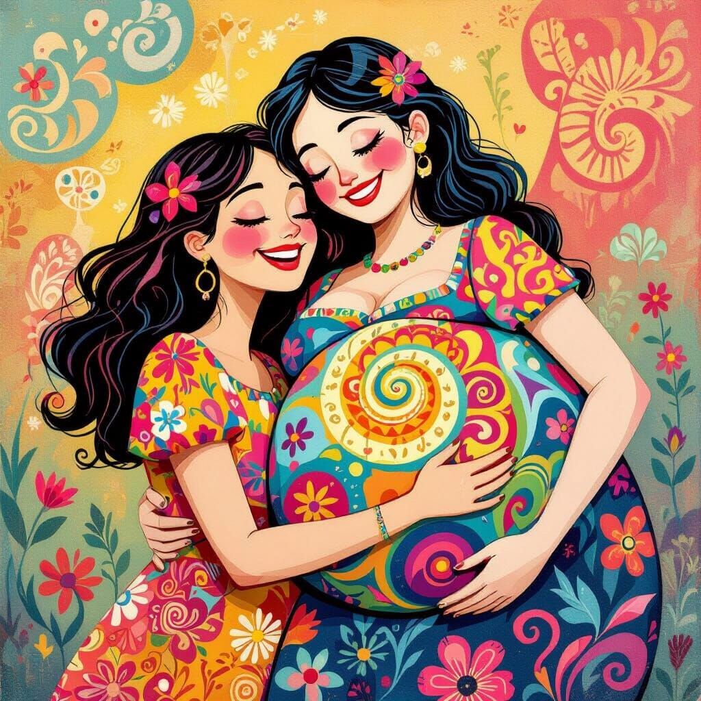 Woman Snuggling Friend's Belly: Cartoon Art