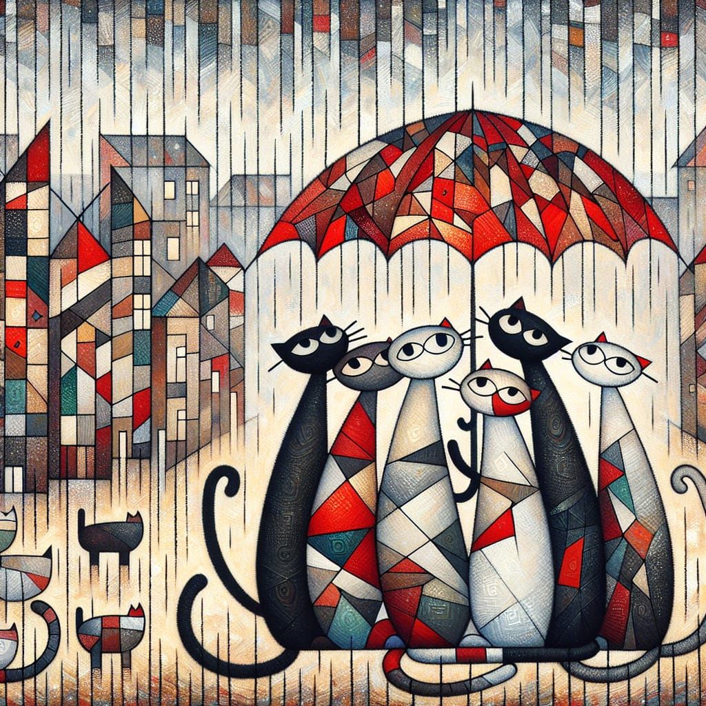 Cats Sheltering from Rain: Folk Art Illustration