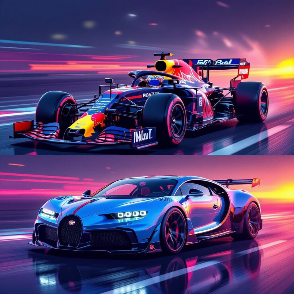 Red Bull F1 Car and Bugatti in Futuristic Style