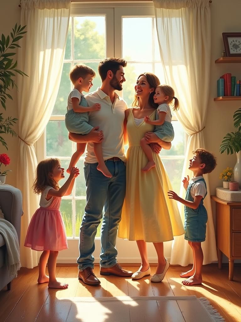 Happy Family Scene in Impressionistic Style