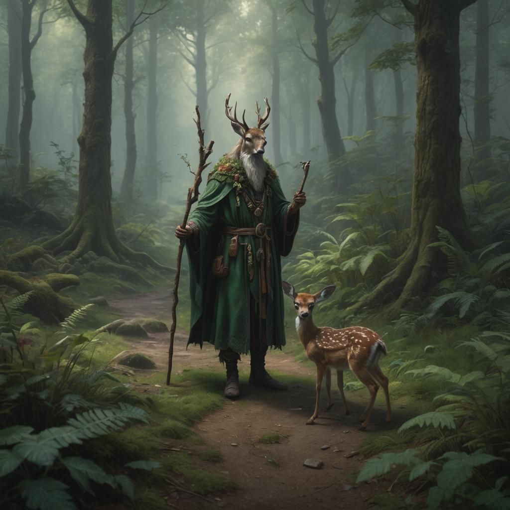 Forest Druid with Deer: Dark Fantasy Art
