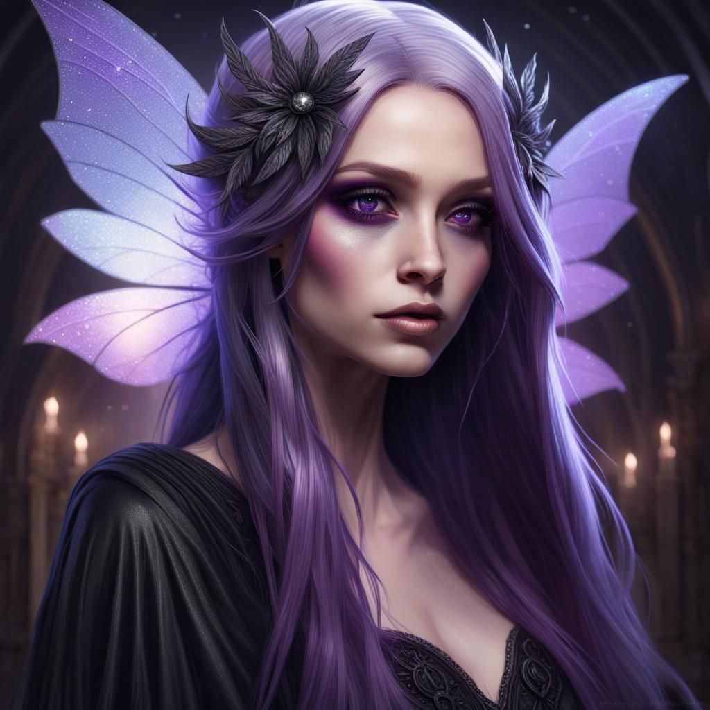Sparkly shimmery gothic Fairy with long purple hair and purple eyes& purple wing& Black Gothic dress& gothic vibes& ethe...