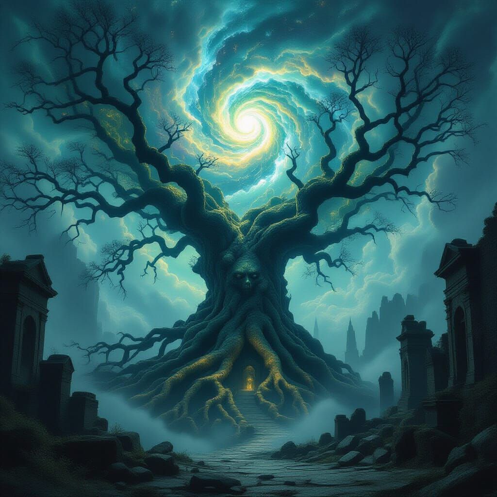 Ancient Tree Engulfs City Under Nebula Sky