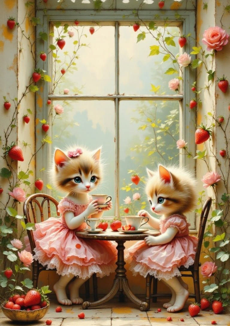 Rococo Kittens Enjoying Strawberry Tea