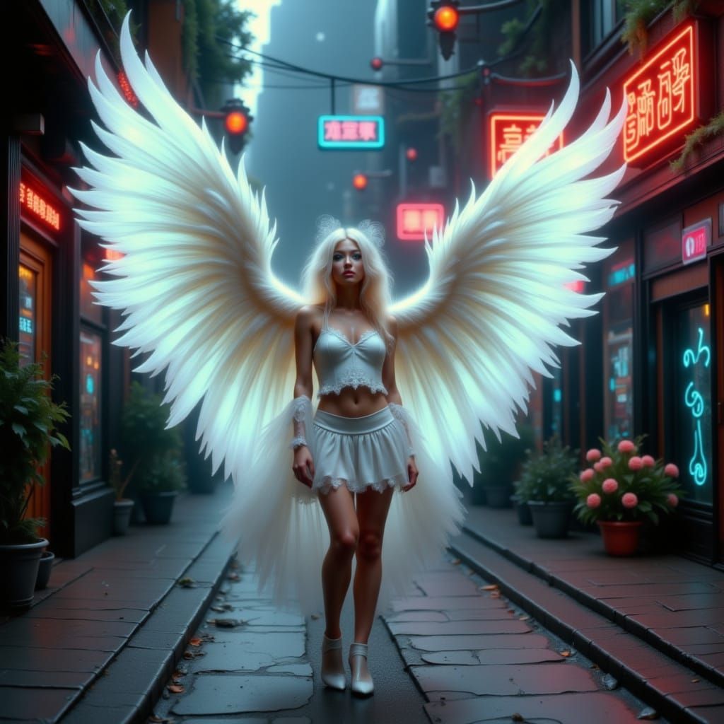 Angel in Neon Cyberpunk Metropolis