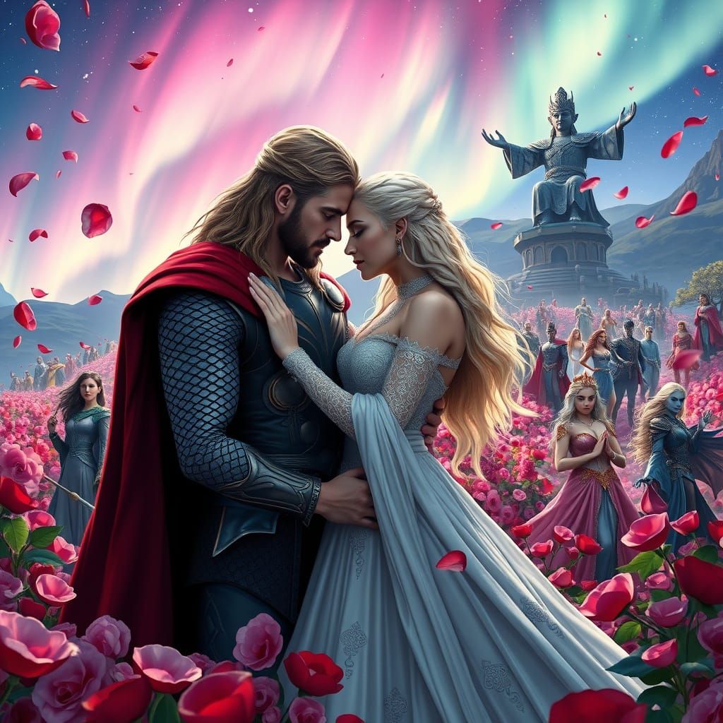 Thor and Daenerys Embrace in Hyperrealistic Splash Art