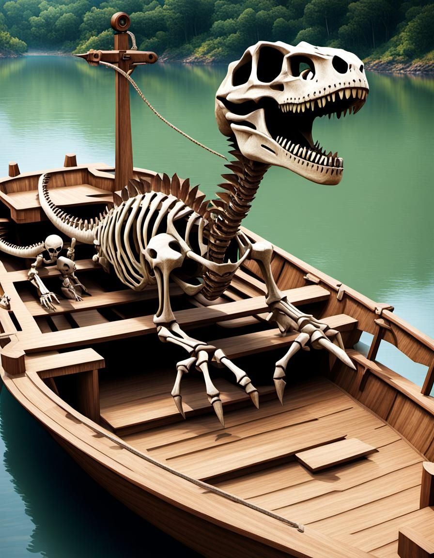 Skeleton Dinosaur and Anchor on Wooden Boat
