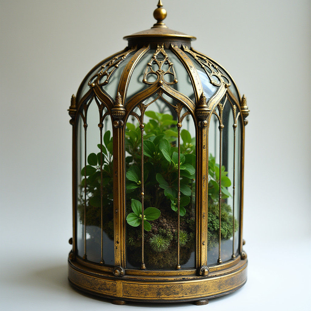 Gothic Terrarium with Brass Details in Biomechanical Style