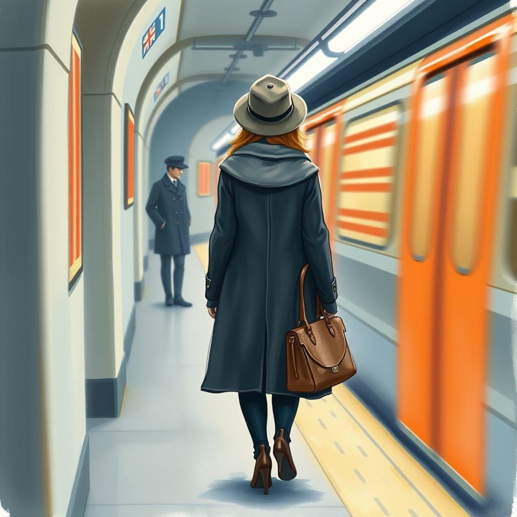 Woman Waiting for Train in Storybook Style