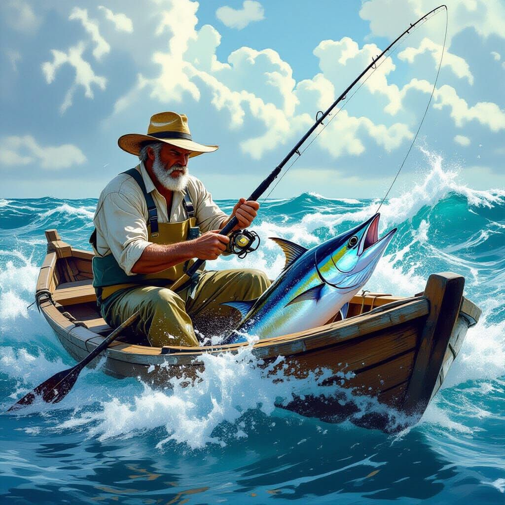 Fisherman's Intense Battle with Marlin on Stormy Sea