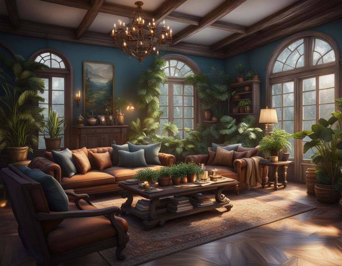 Cozy Living Room with Indoor Plants: Fantasy Concept Art