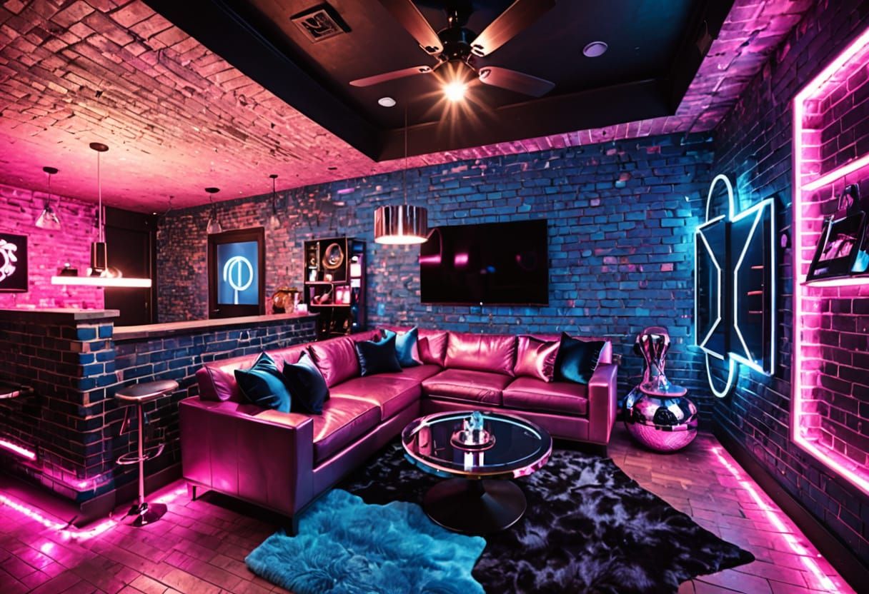 Futuristic Nightclub Loft Lounge with Neon LED Panels