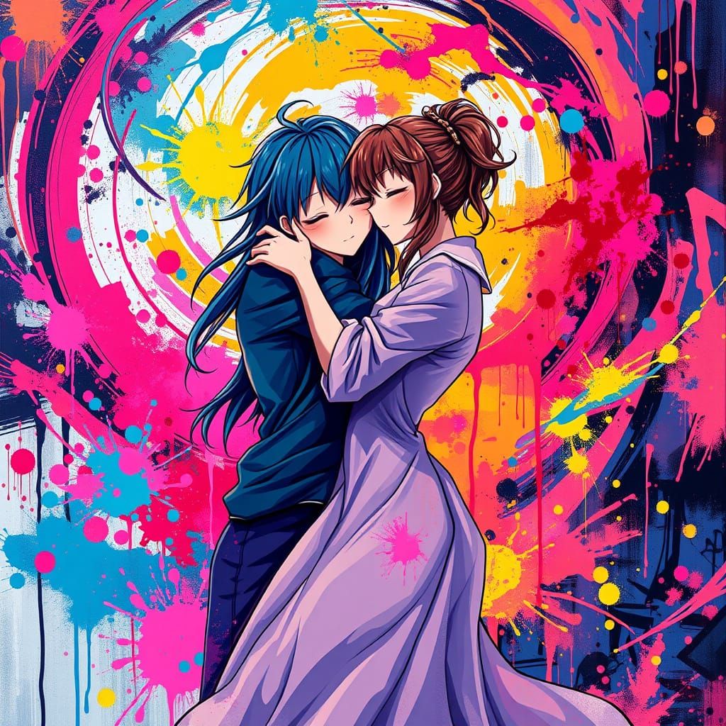 Anime Couple in Vibrant Street Art Style