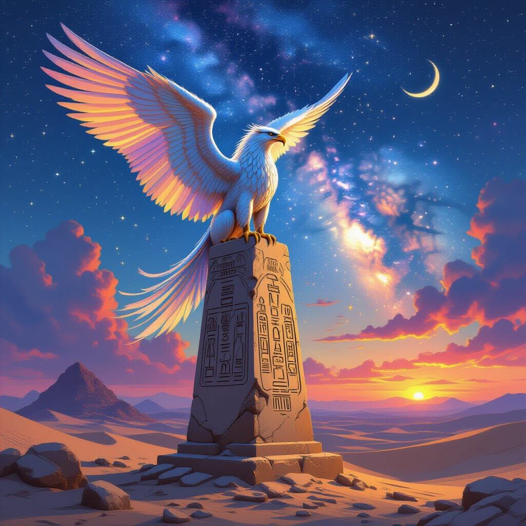 Majestic Griffin on Obelisk in Starry Desert Twilight