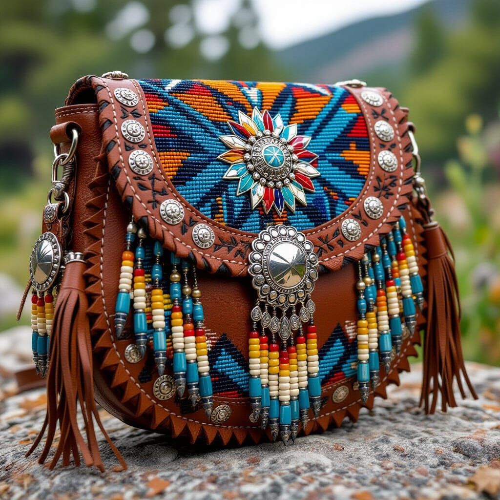 Ornate Beaded Leather Native American-Style Purse