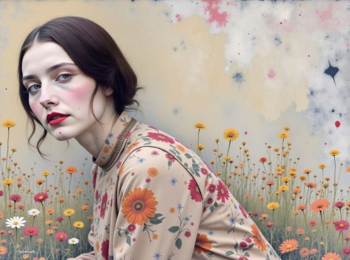 Woman with Floral Background in Klimt-Inspired Style