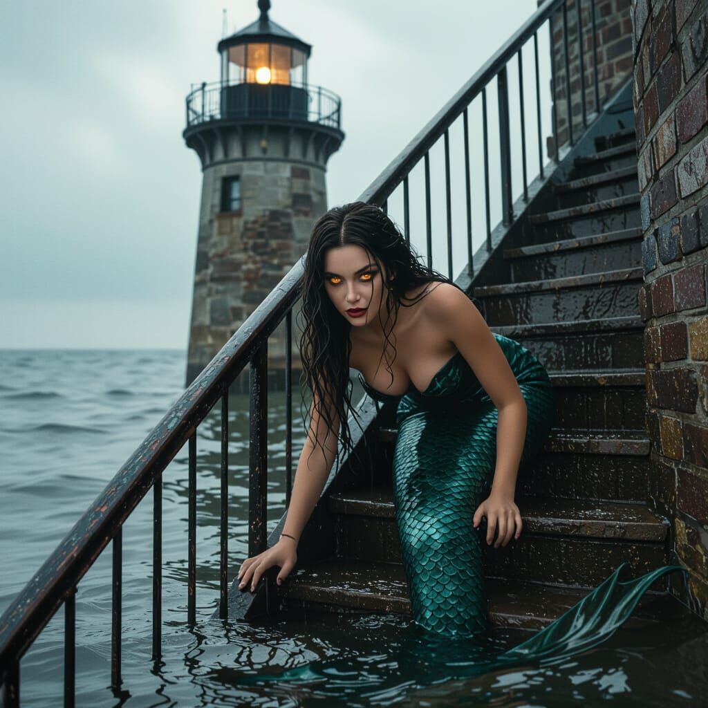 Siren Mermaid with Amber Eyes Ascends Flooded Lighthouse Sta...