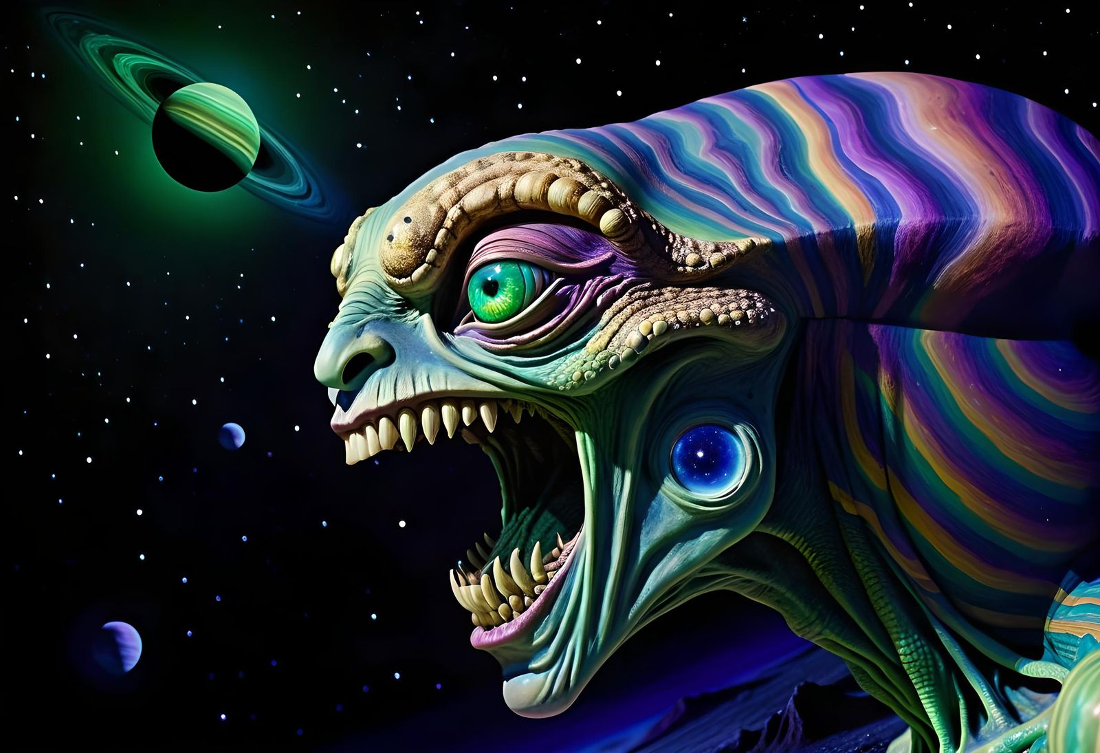 Menacing Reptilian Alien with Jupiter in Starry Sky
