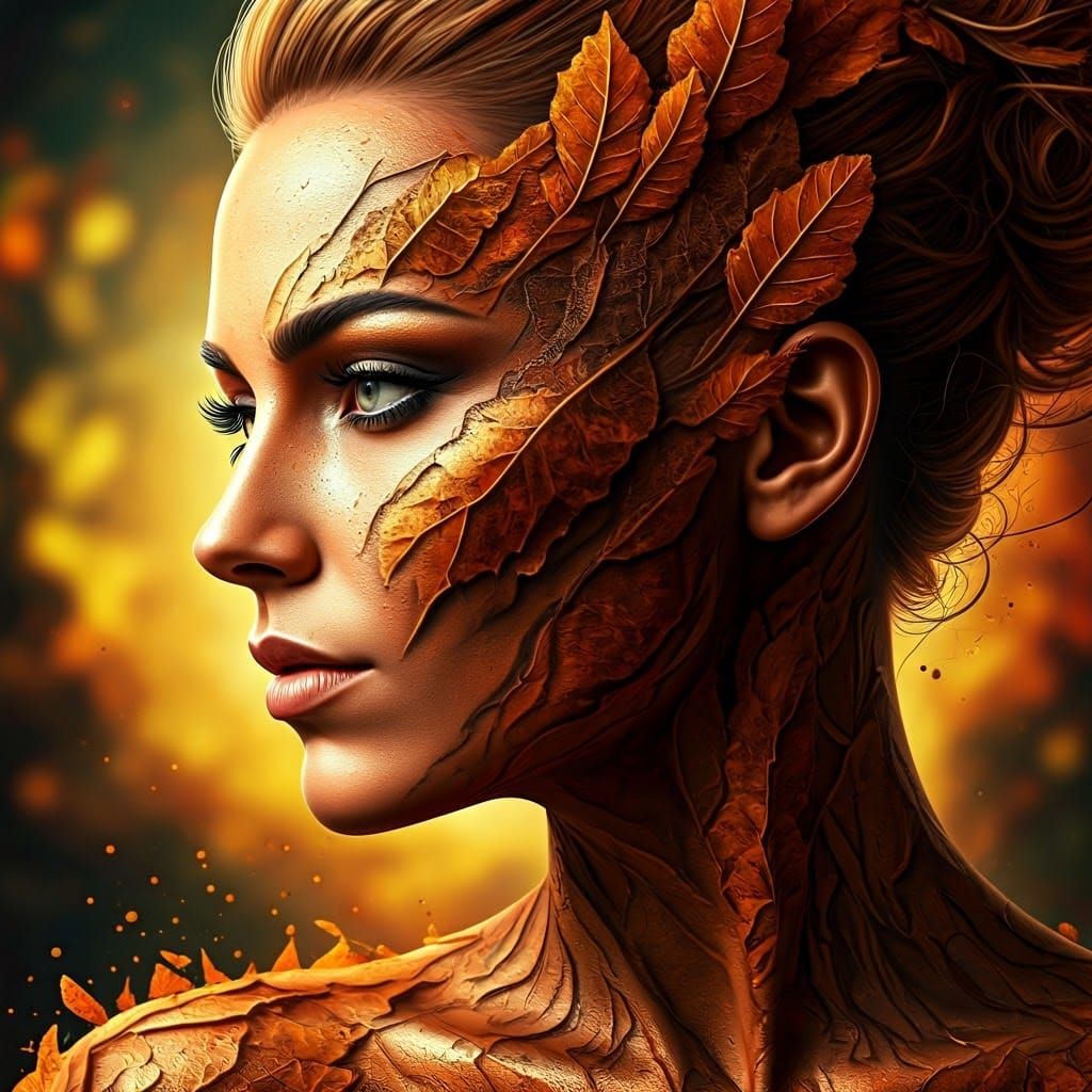Autumn Leaves Body Paint Portrait in Hyperrealistic Style