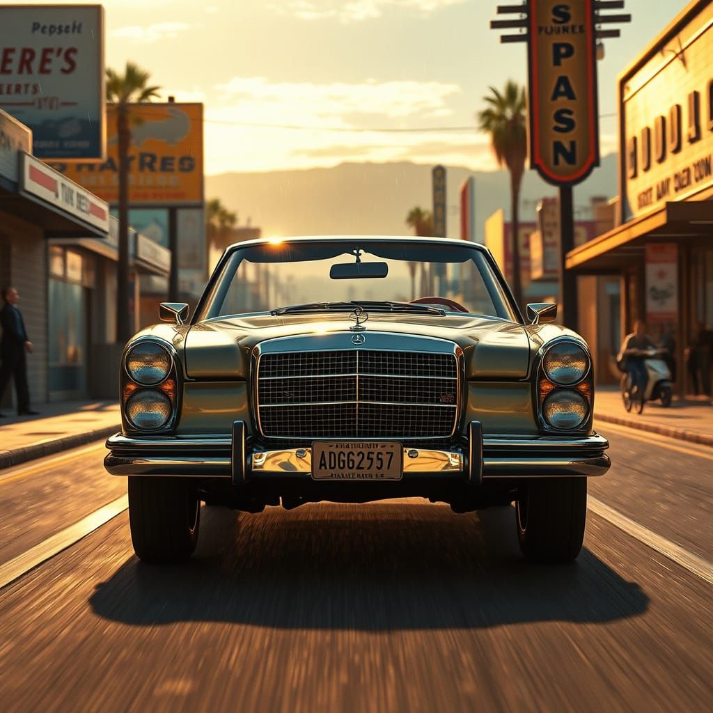 Vintage Benz Races Through Desert Town: Cinematic 8k