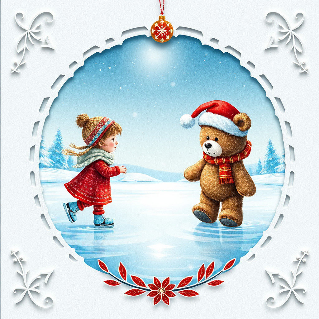 Christmas Lake Ice Skating Illustration Card