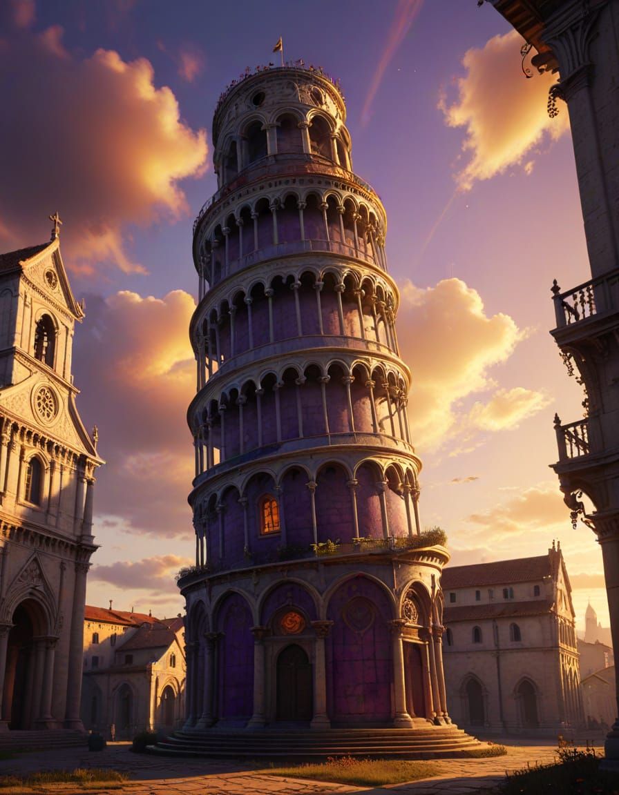 Surreal Gothic Tower Amidst Twisted Architecture in Warm Sun...