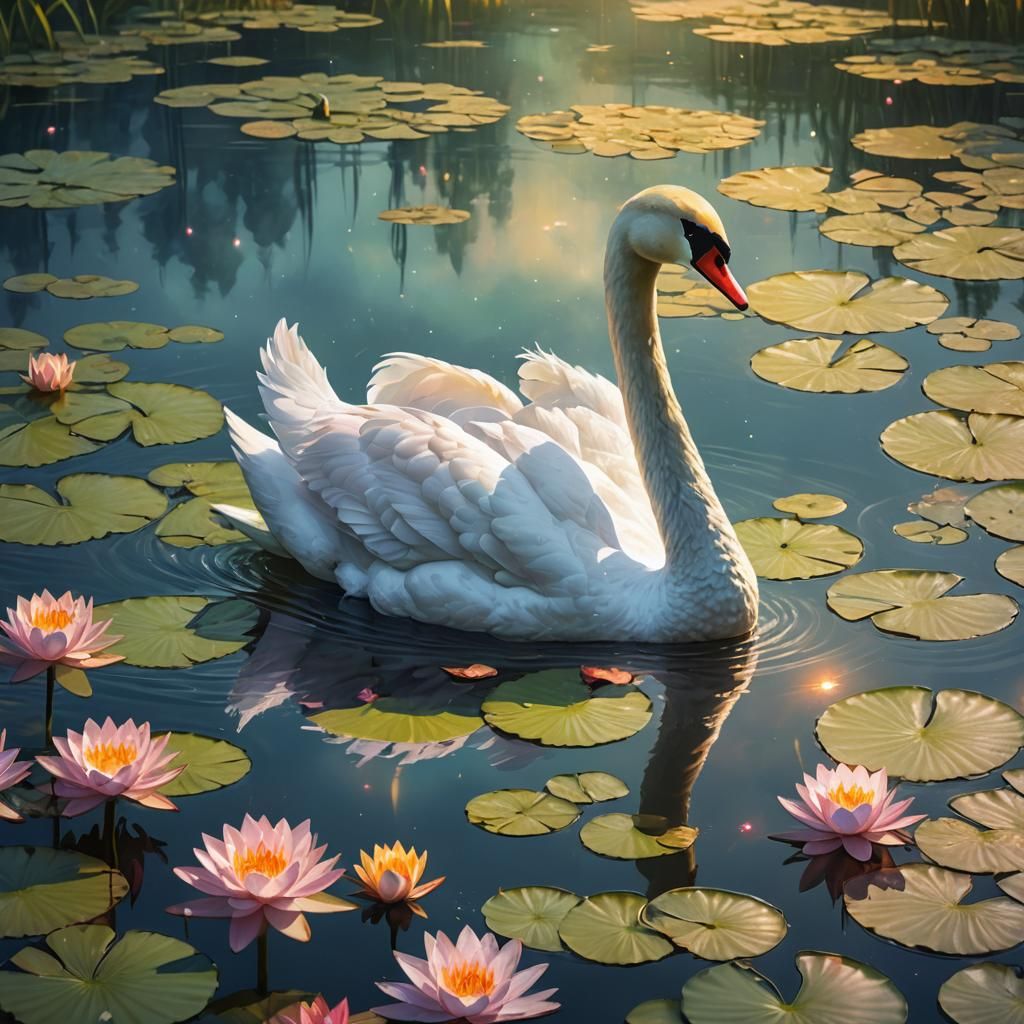 Colorful Swan on Lily Pad: Fantasy Concept Art
