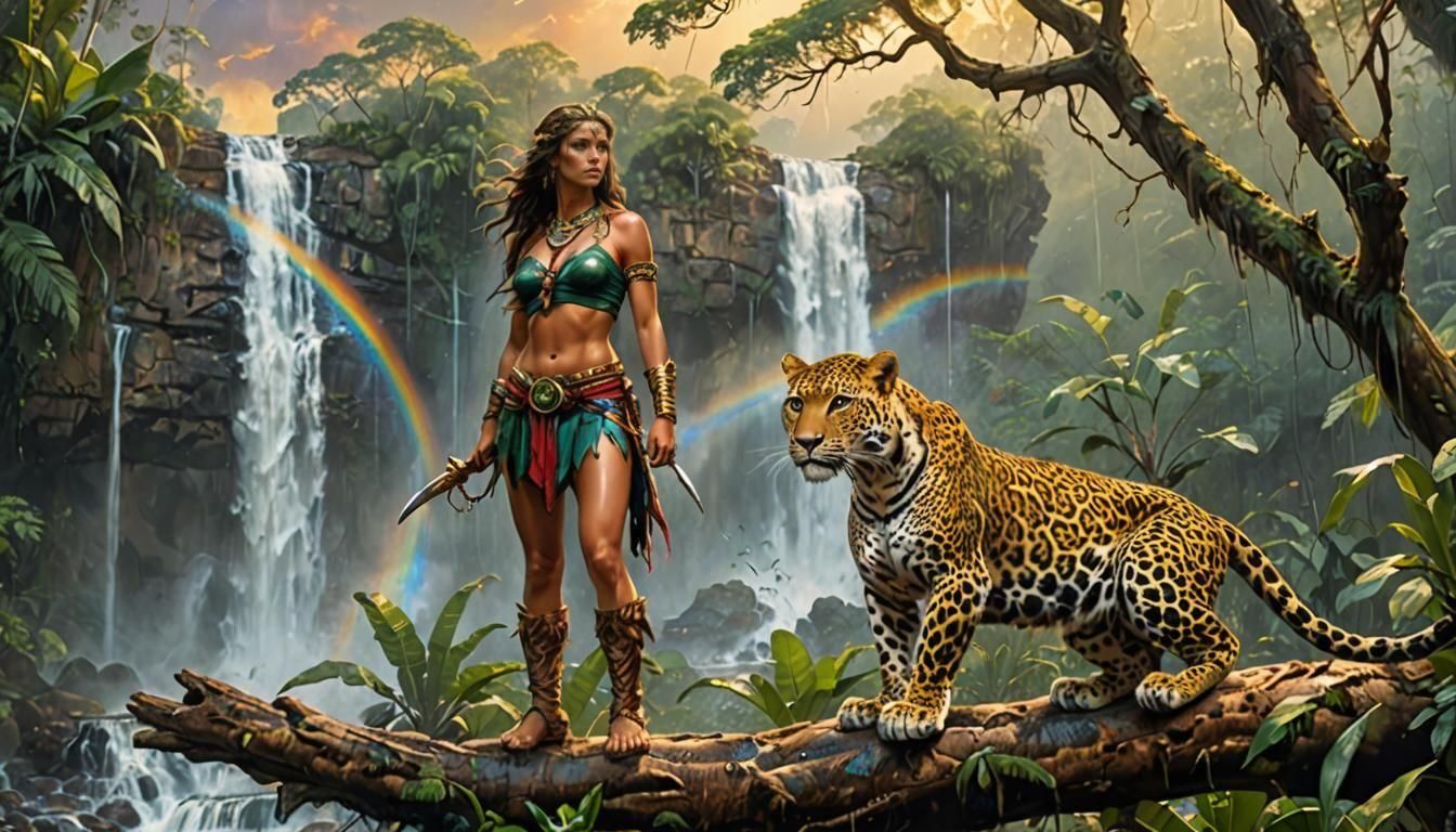 Amazon Warrior Overlooking Rainforest Waterfall in Vallejo S...