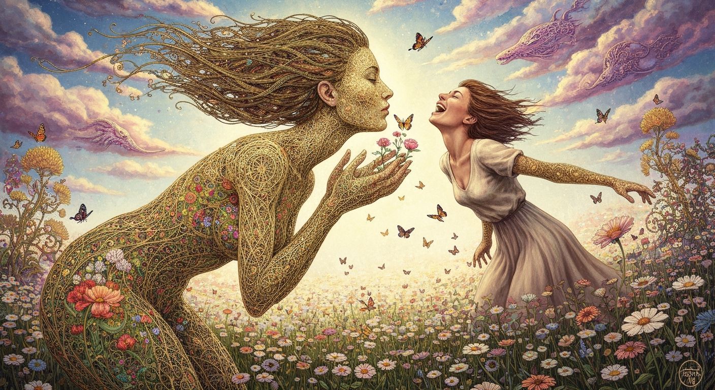 Filigree Woman Embraces Surreal Garden with Ethereal Glow