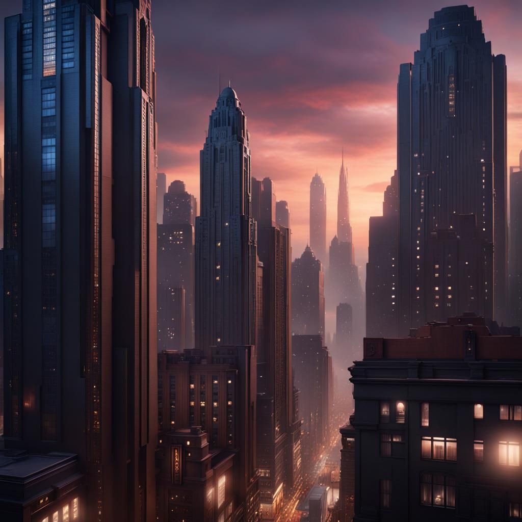 Art Deco Cityscape at Twilight: Detailed Matte Painting