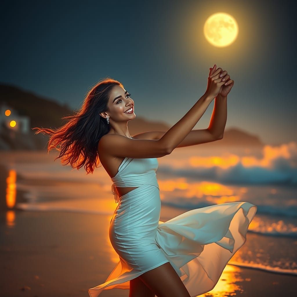 Romantic Couple Dancing on Moonlit Beach