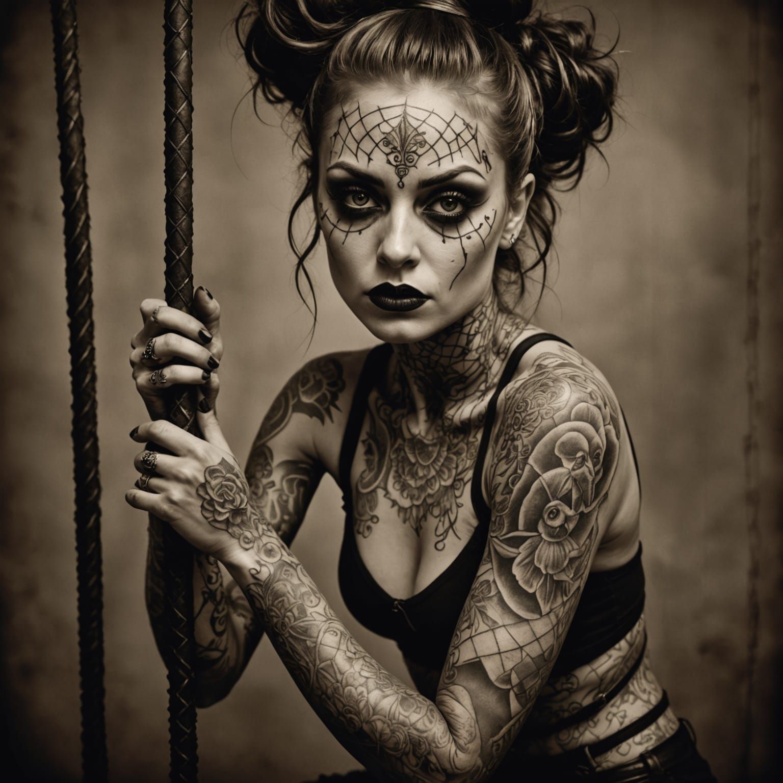 Vintage Sepia Portrait of Pole Dancing Contortionist