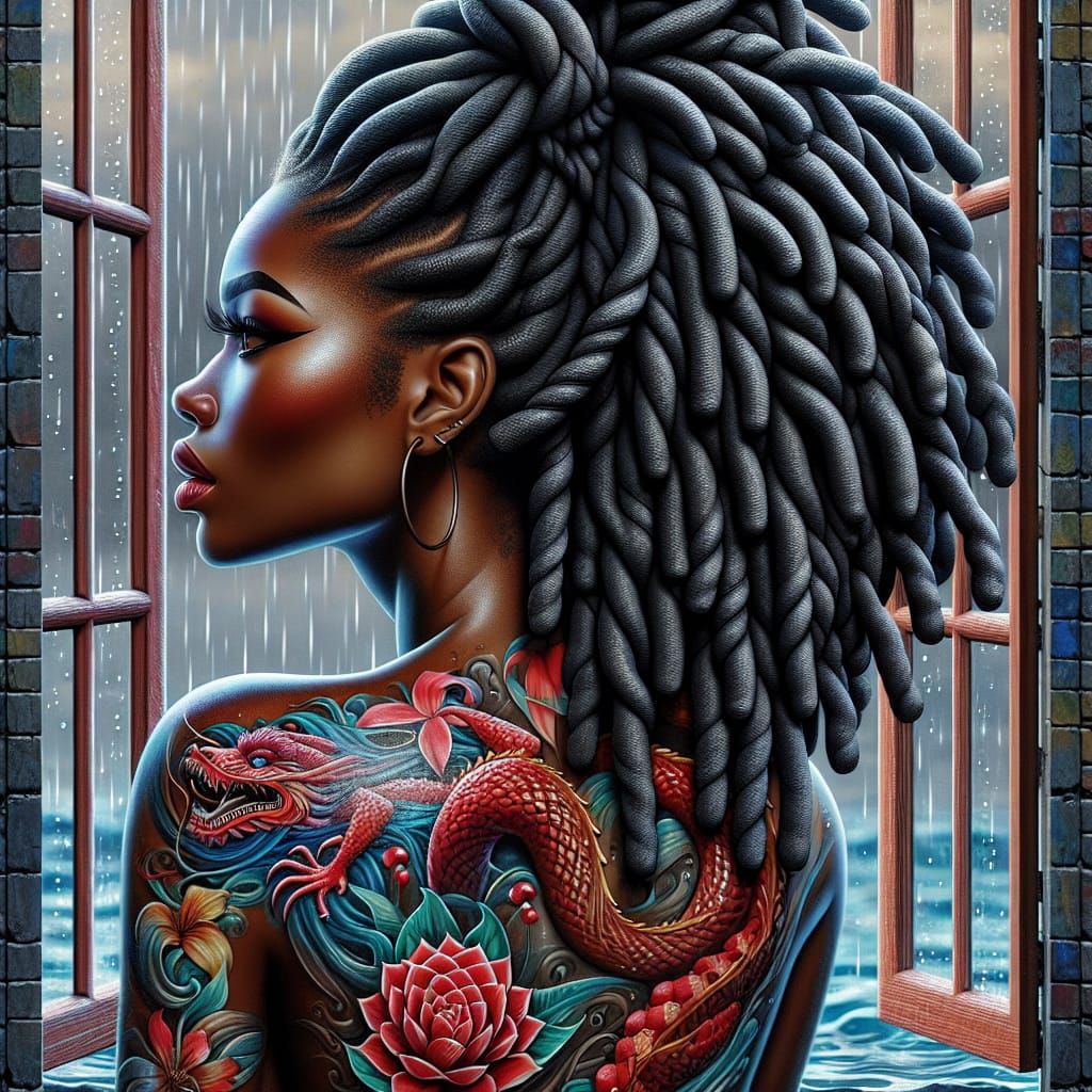 Mulatto Woman with Dragon Tattoo in 3D Oil Illustration