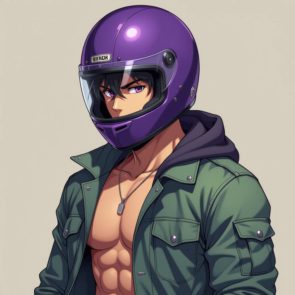 Anime Male in Helmet, Manga-Inspired Street Style