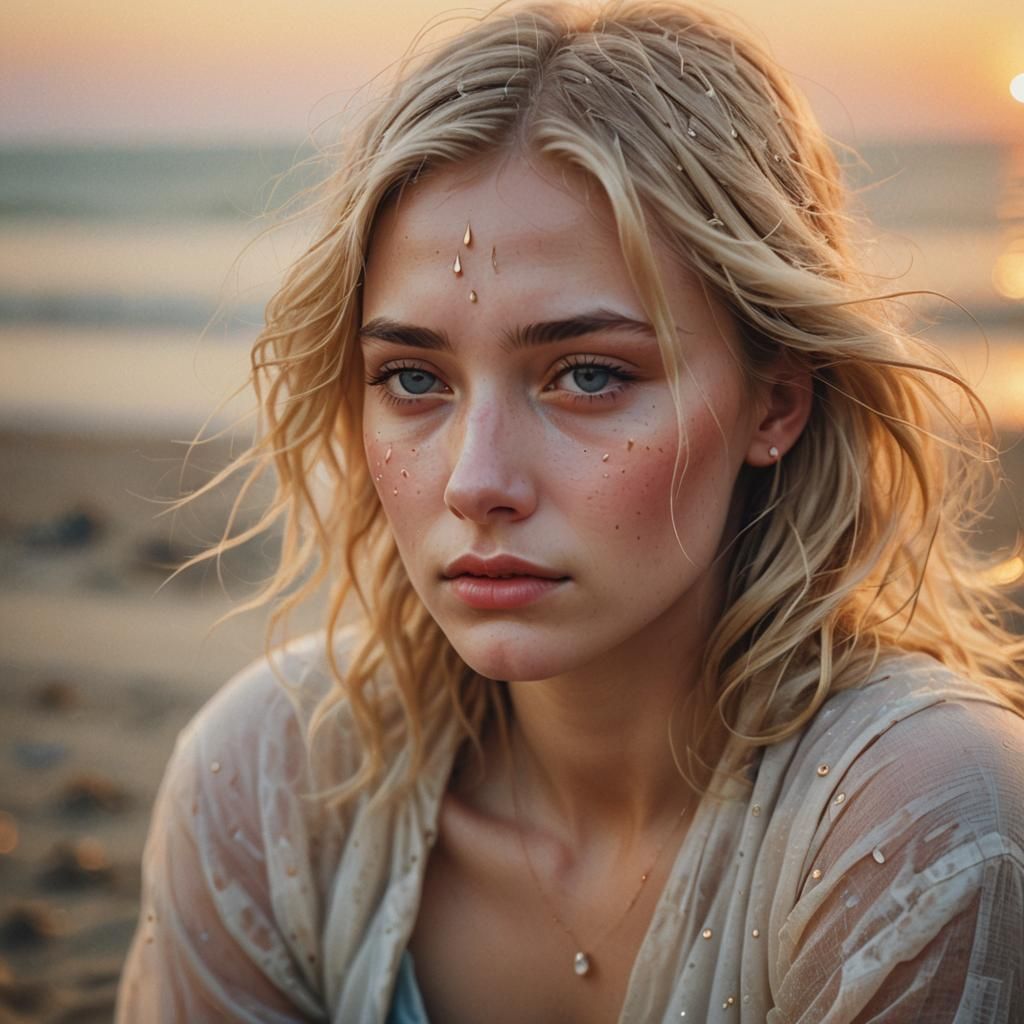 Melancholic Blonde Girl Portrait in Watercolor Style