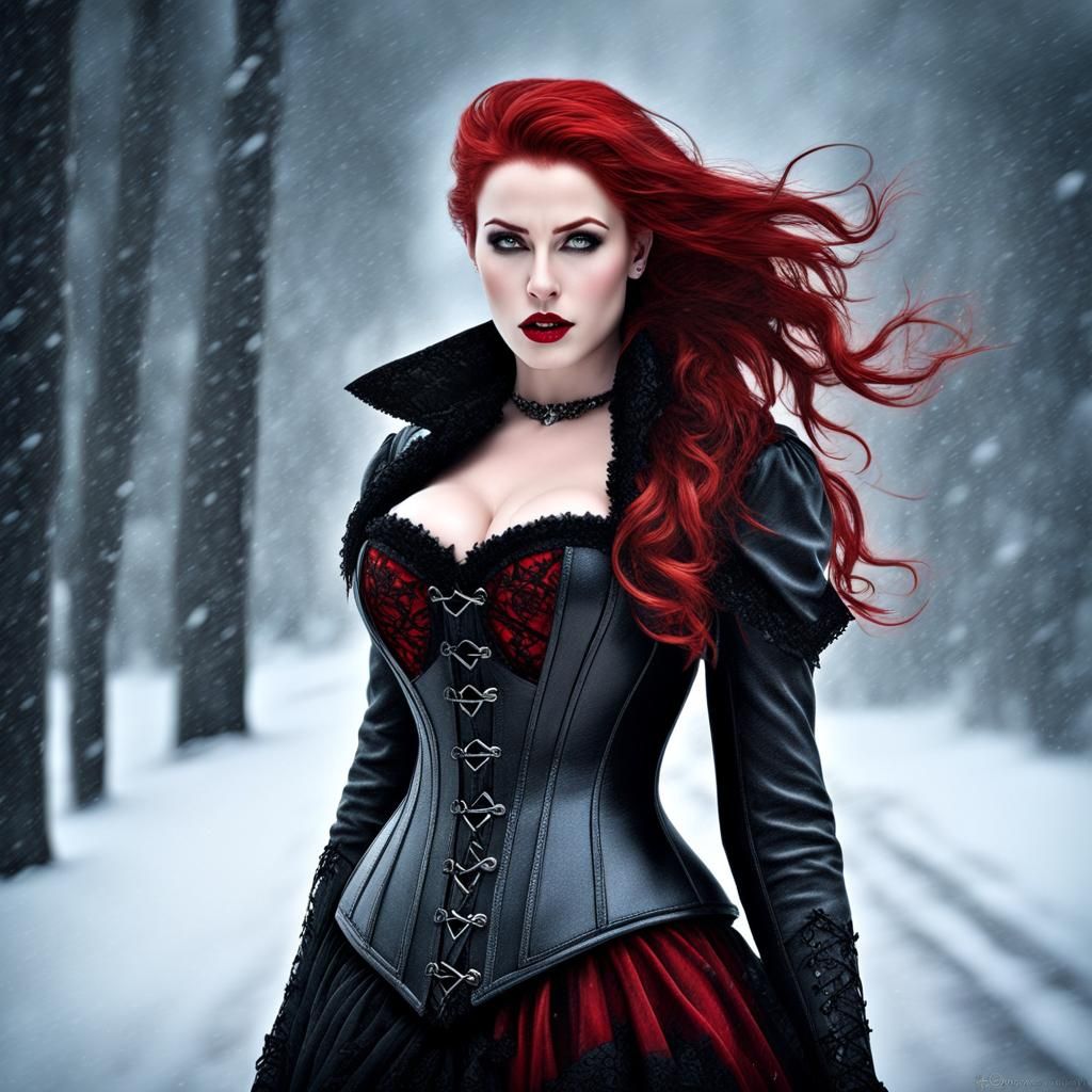 Redhead Vampire in Blizzard: Gothic Photorealistic Art