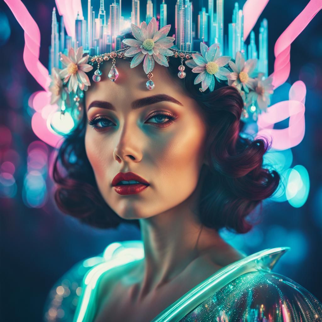 Cyberpunk Portrait in Vaporwave Style with Double Exposure