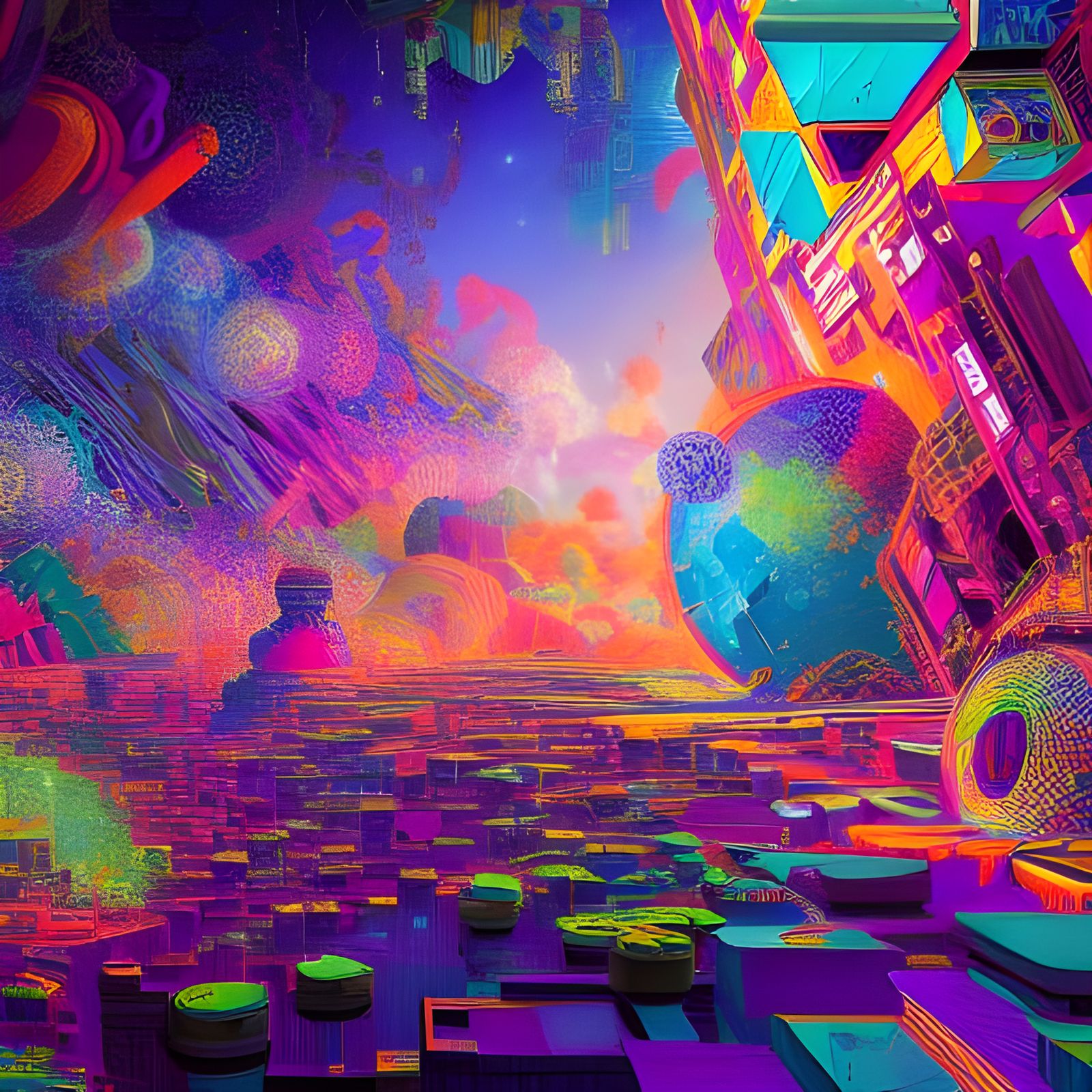 Hyperdetailed Colorful Geometric Environment in Retro Sci-Fi...