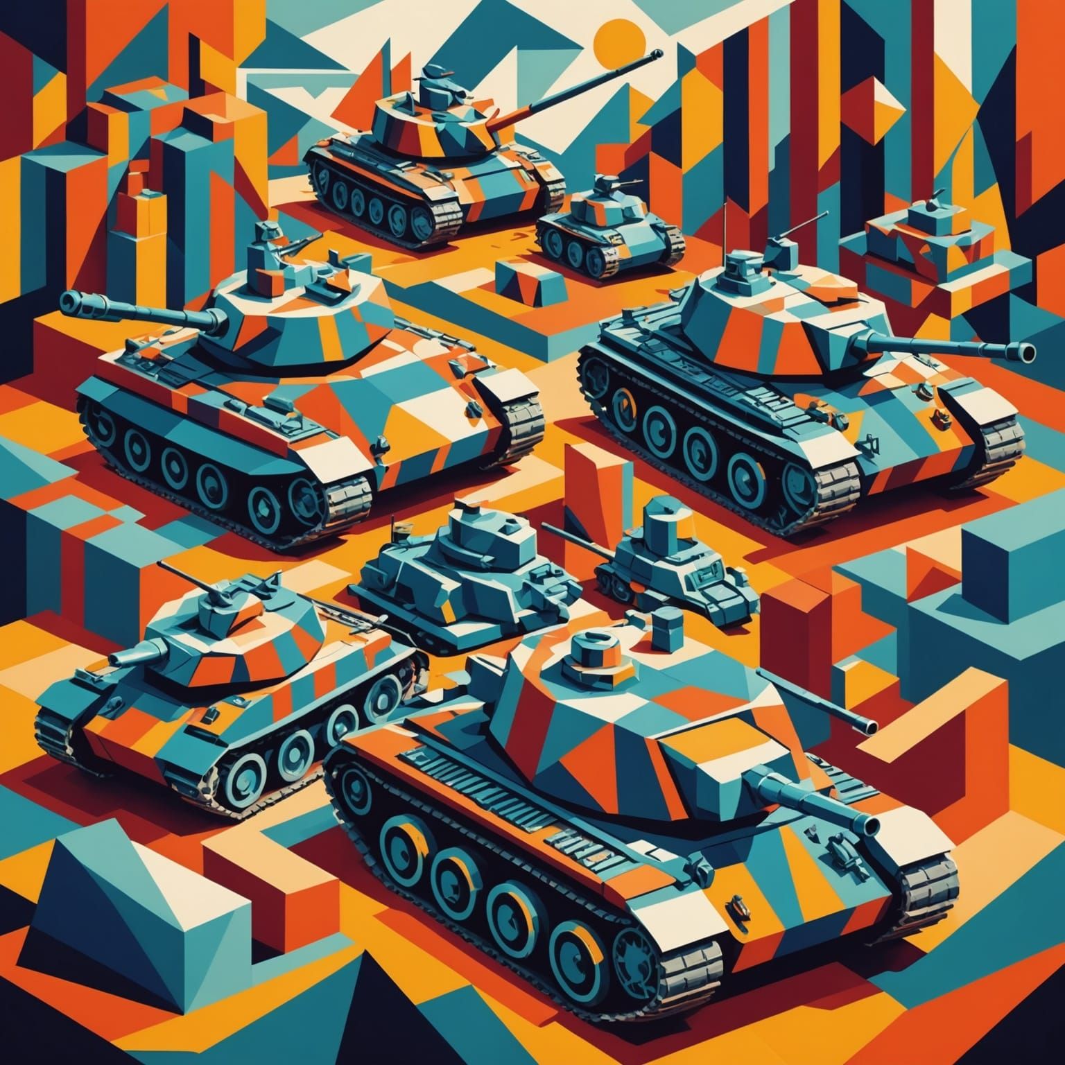 Cubist War Scene with Tanks and Soldiers