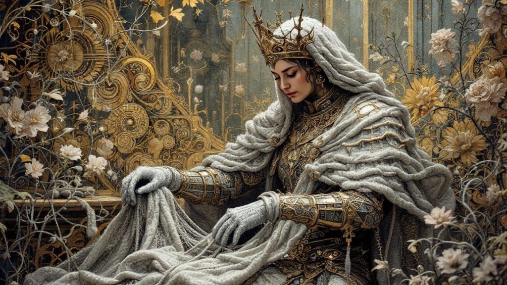 Regal Figure Weaves Intricately Knitted Armor in Medieval El...