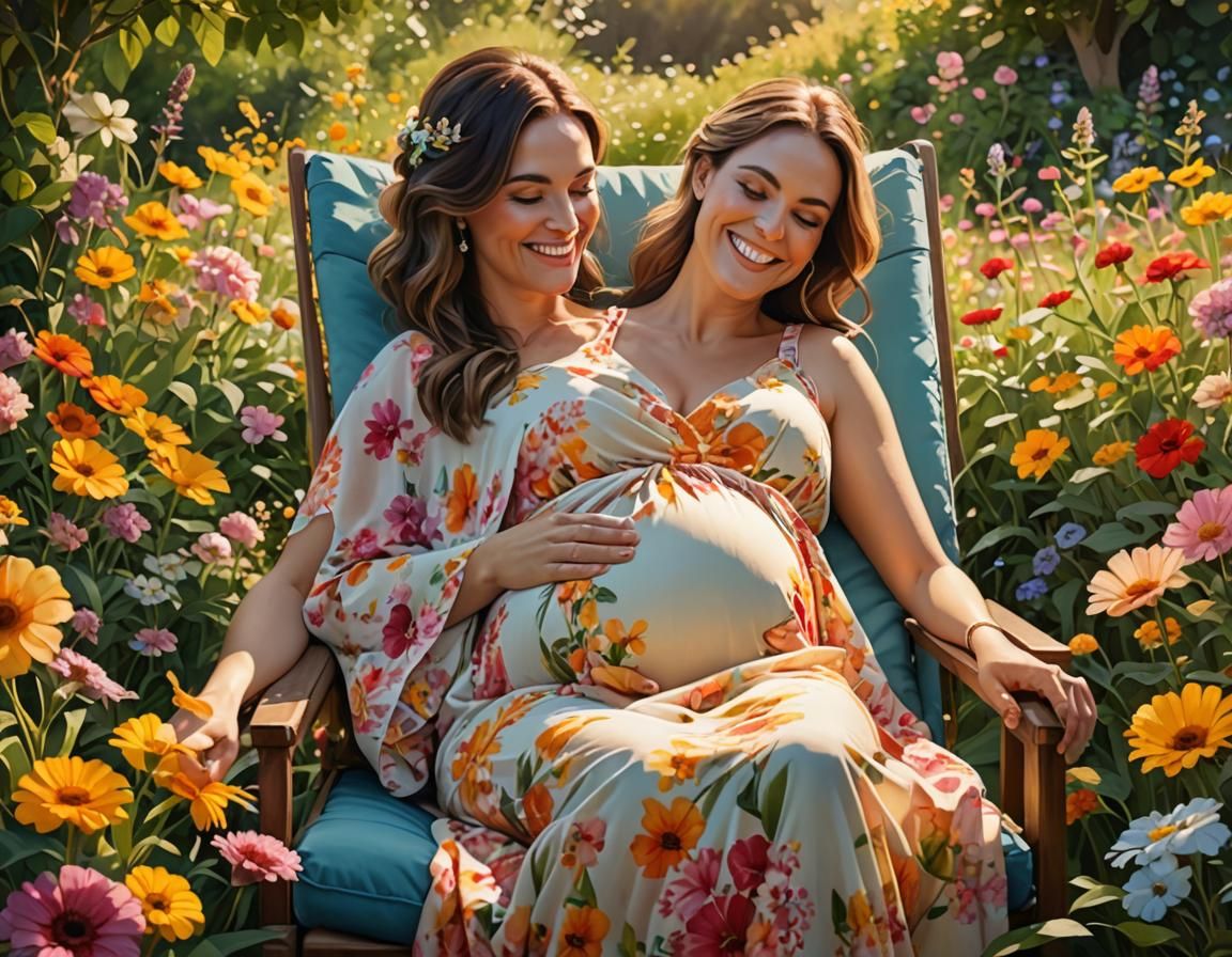 Peaceful Pregnant Woman in Flowery Garden Painting