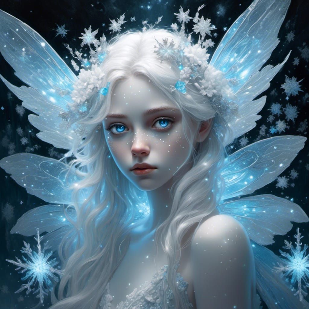 Black and White Fairy with Snowflake and Blue Mist