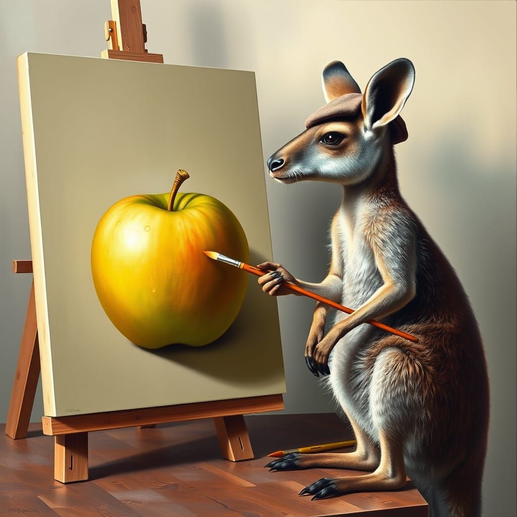 Realistic Oil Painting of a Kangaroo Artist in Studio