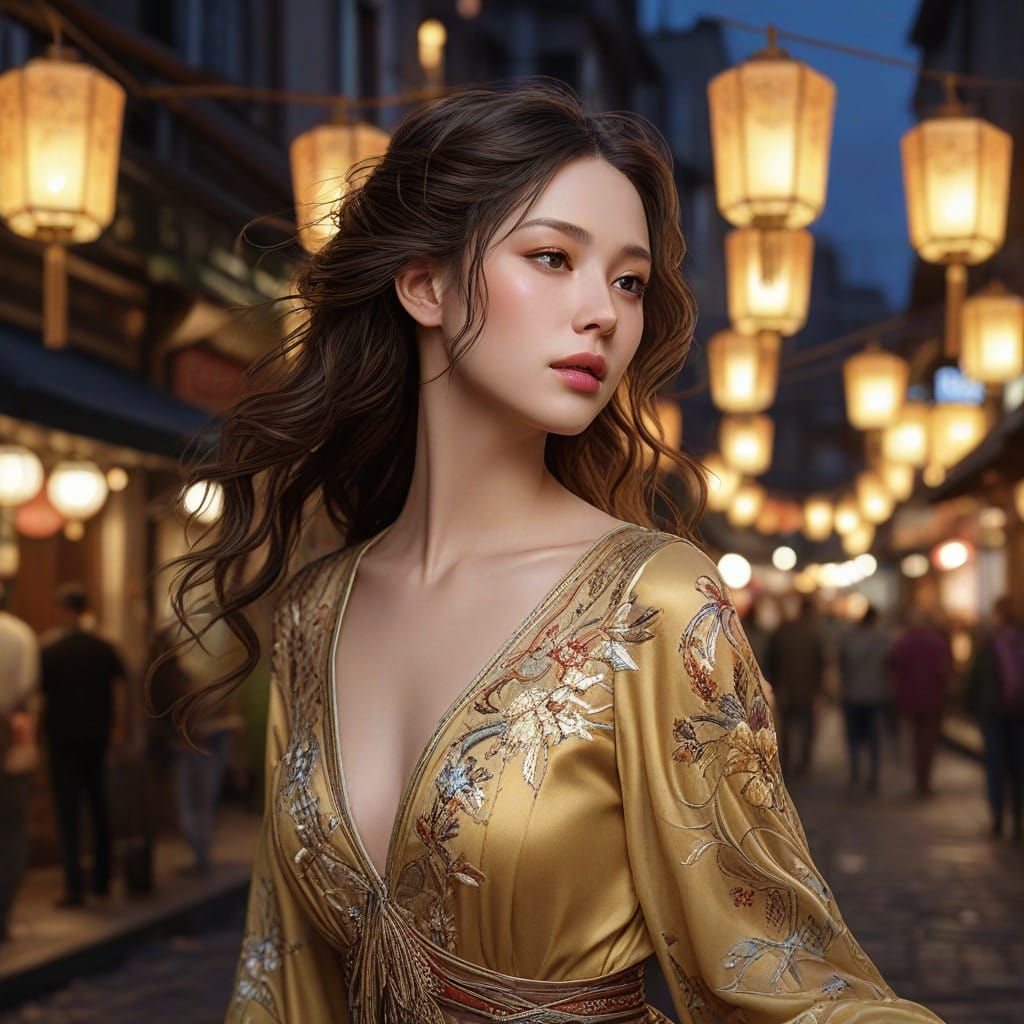 Luminous Geisha Walks Amidst Golden Lanterns in a Dreamy Jap...