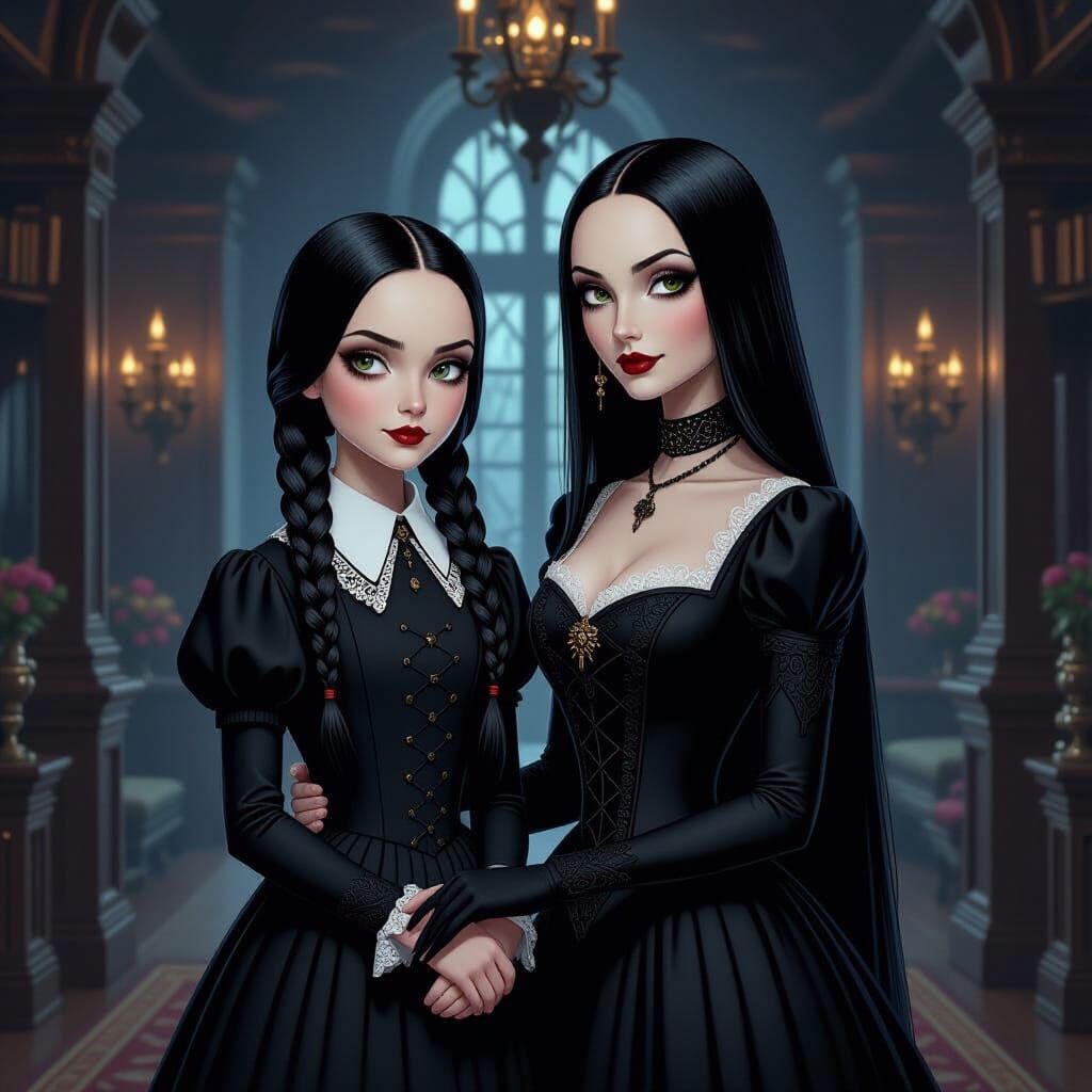 Wednesday and Morticia Addams in Gothic Style