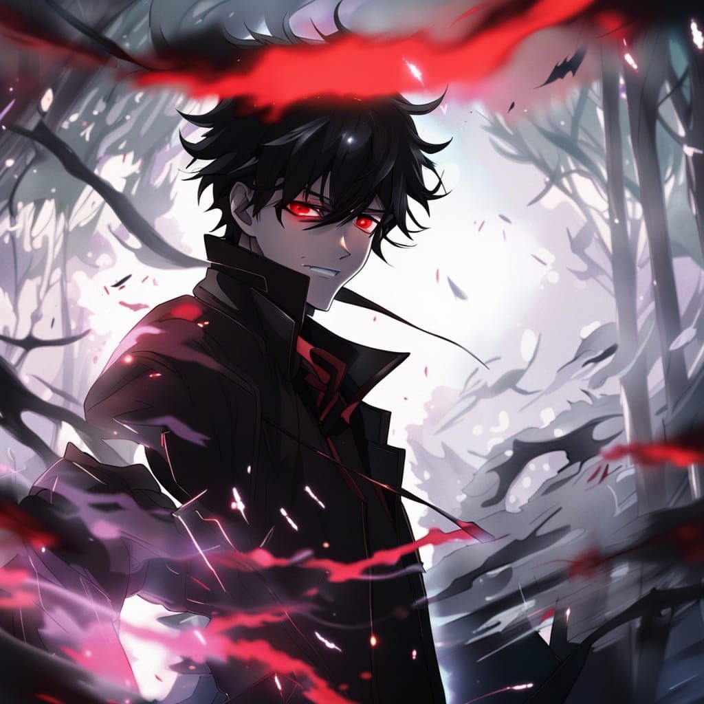 Anime-Style Man with Glowing Red Eyes and Evil Grin