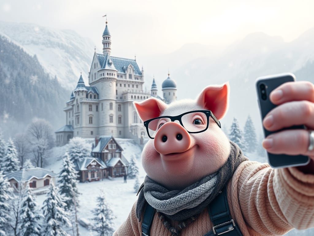 John Pork Selfie at Snowy Neuschwanstein