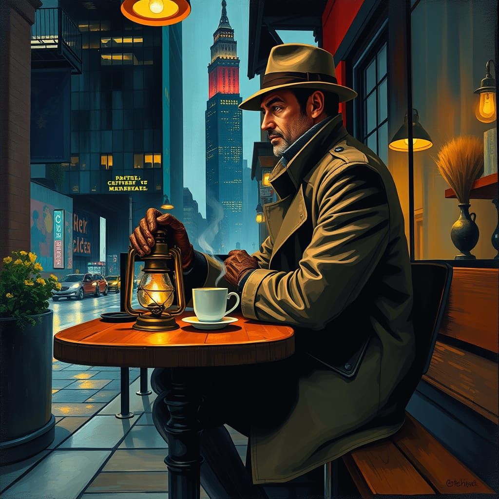 Figure in Neo-Cubist Cafe Between Skyscrapers