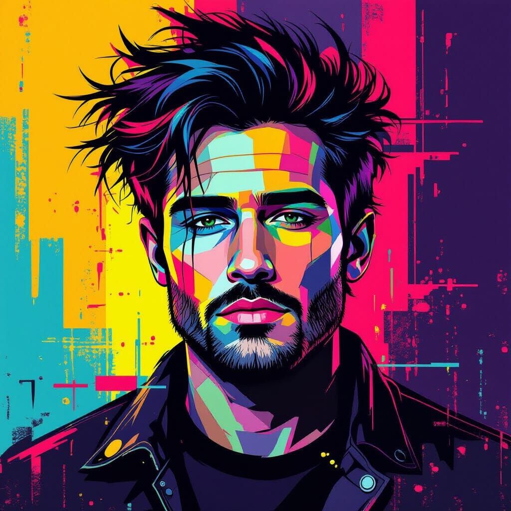 Neon Grunge Portrait Painting in Modern Glitch Style