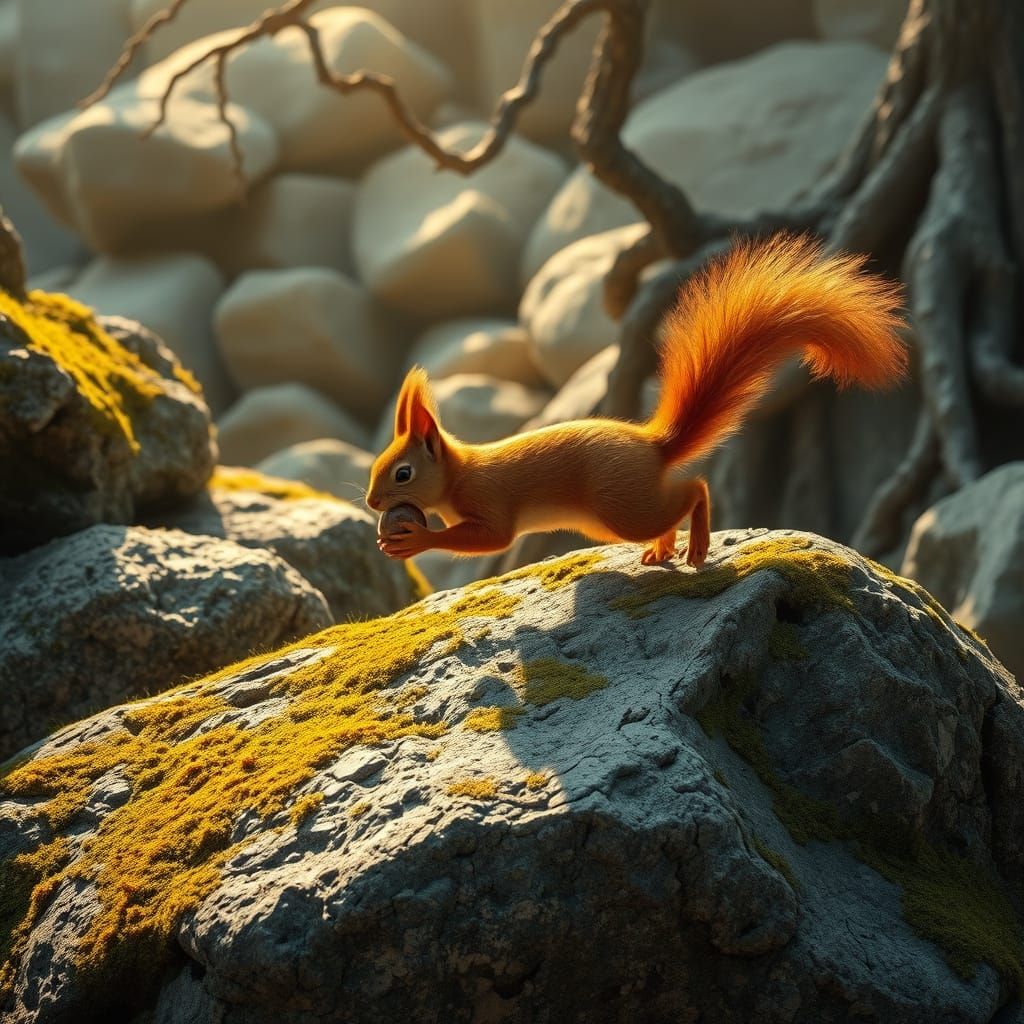 Fiery Red Squirrel Amid Ancient Stones